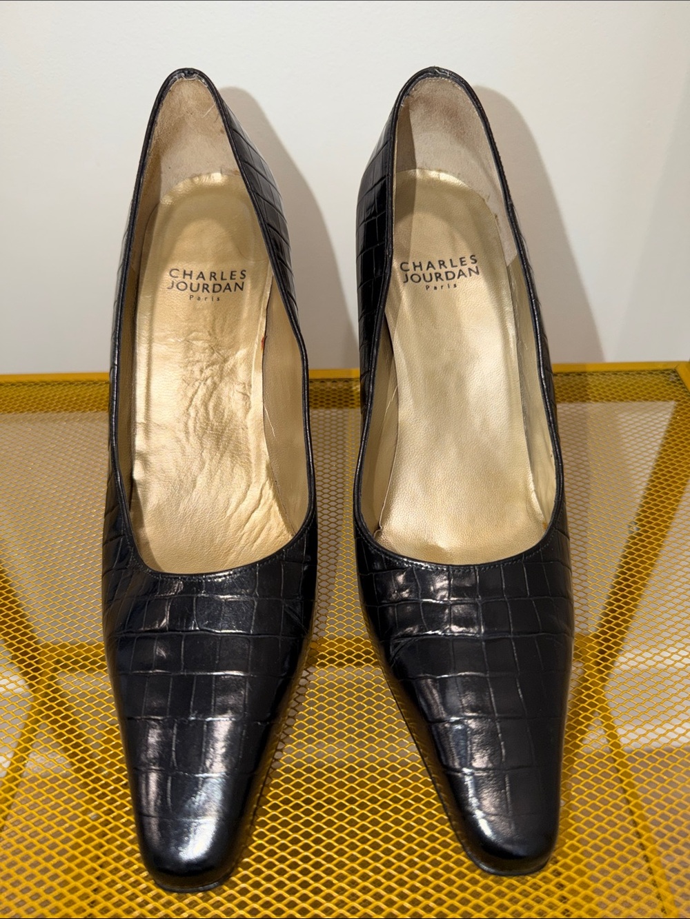 Charles Jourdan Black Croc-Embossed Square-Toe Pumps